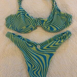 Green and Blue Striped Bikini Set
